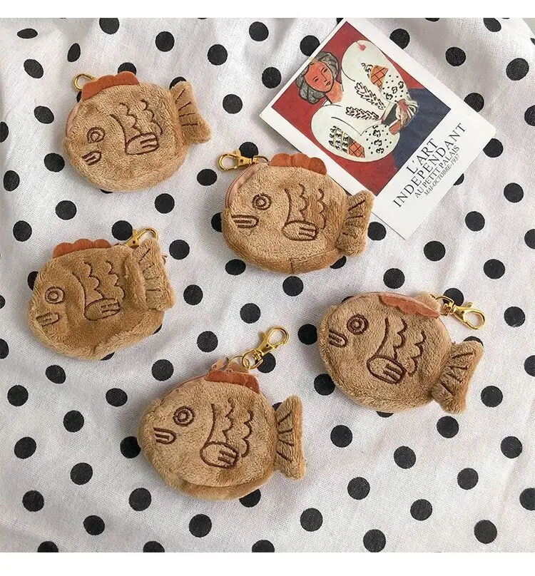 Фланелевый мягкий кошелек для монет с рыбками, вышивка, коричневый корейский мини-кошелёк для девочек, Футляр для ключей, держатель для карт, кошелек, подвеска для девочки, сумка