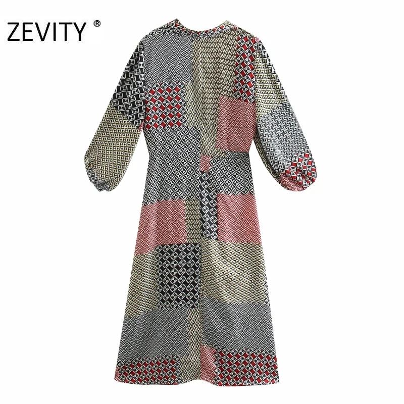 ZEVITY New women vintage cloth patchwork geometric print shirt dress office ladies retro casual slim vestido chic dresses DS4427