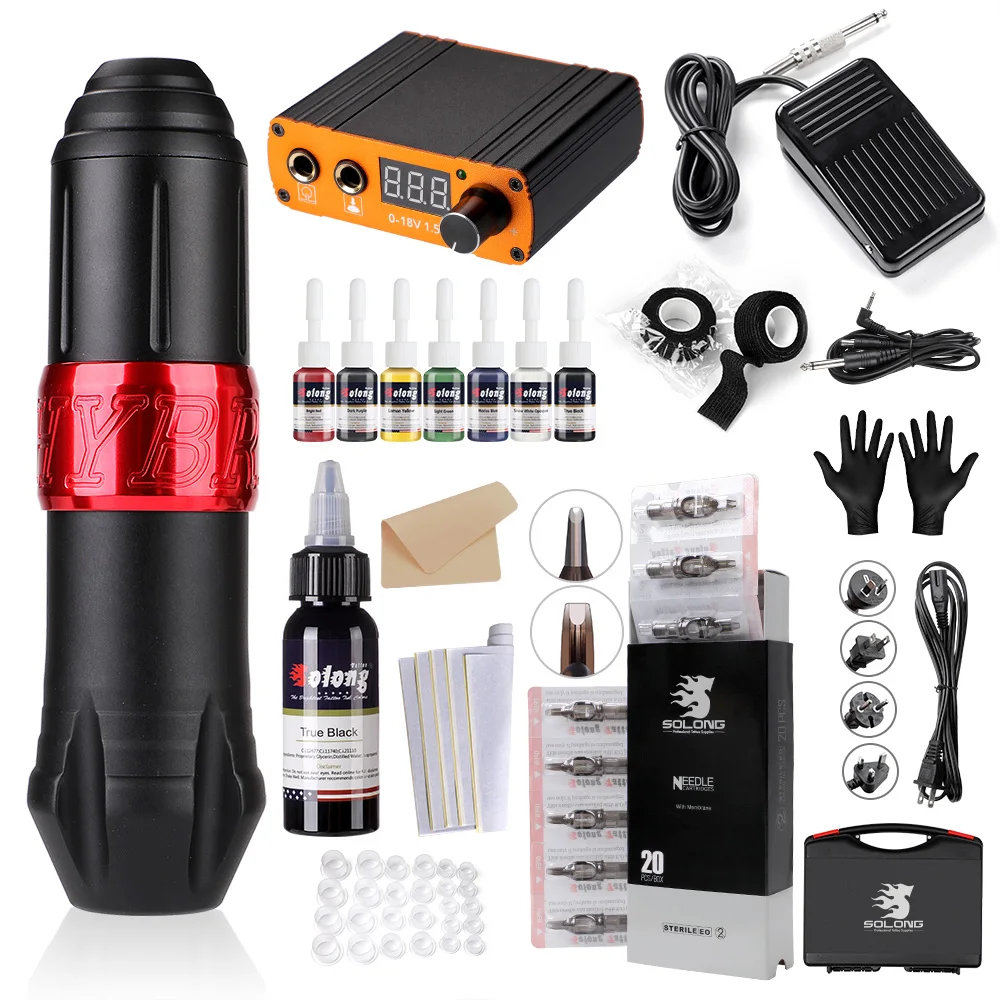 tattoo kit Набор для тату со клеймом, гибридная татуировочная ручка, интерфейс постоянного тока, роторная татуировочная машина с игольчатыми картриджами, источник питания, тихий корпус и искусство EM129 - Цвет: tattoo kit