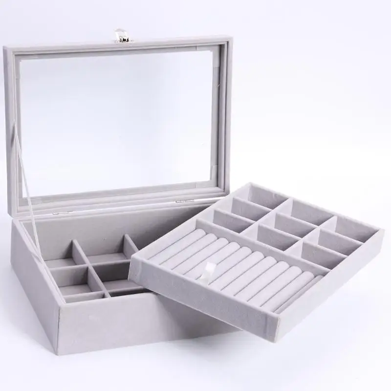 

Velvet Gray Carrying Case with Glass Cover Jewelry Ring Display Box Tray Holder Storage Box Organizer Earrings Ring Bracelet Box