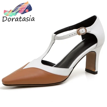 

DORATASIA Girl Summer Genuine Leather Sandals Elegant mixed-color t-strap Sandals Women High Heels Ol Shoes Woman