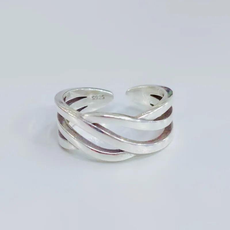 

925 Sterling Silver Fashion Retro Woven Multi-Layer Winding Opening Index Finger Ring Fine Jewelry For Women Party Gift