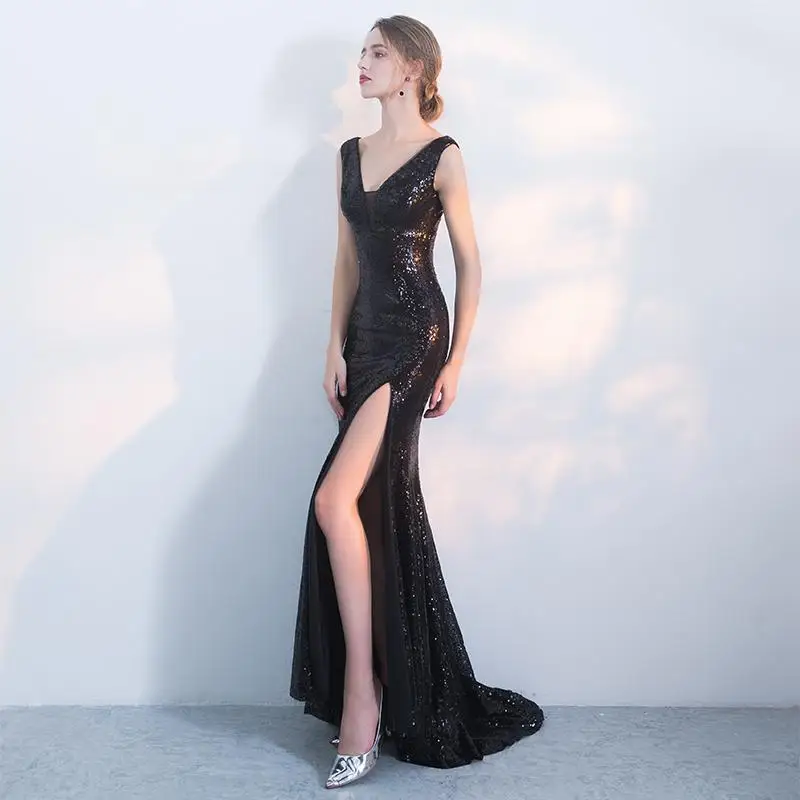 Элегантное вечернее платье русалки с v-образным вырезом, Qipao, черное сексуальное платье с открытой спиной, платье для выпускного вечера - Цвет: Style 1