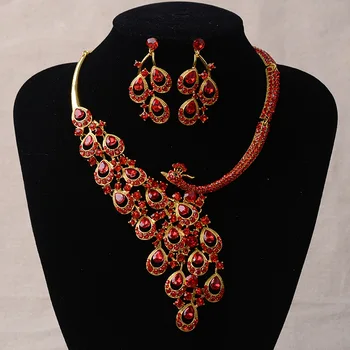

Luxury Gold Rhinestone Peacock Bridal Jewelry Sets Wedding Jewelry Set Silver Plated Crystal Statement Necklace Earrings Sets