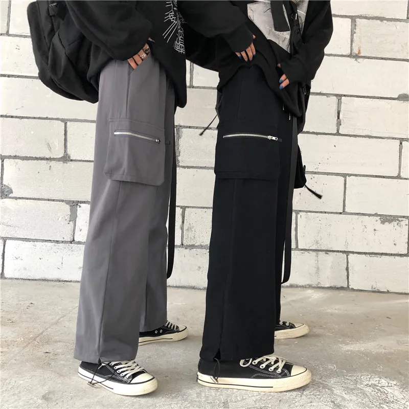 String High Waistband Zip Pocket Ribbon Loose Harem Cargo Jogger Hip Hop Streetwear Punk Track Pant Harajuku Women Man Korean