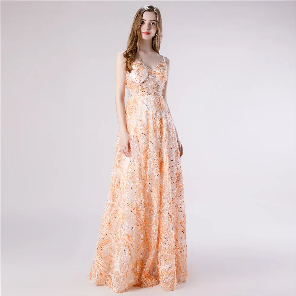 

Orange Evening Dresses with feather Sequins Prom Dresses Zipper Floor Length Straps Custom Made vestidos de fiesta de noche 2019