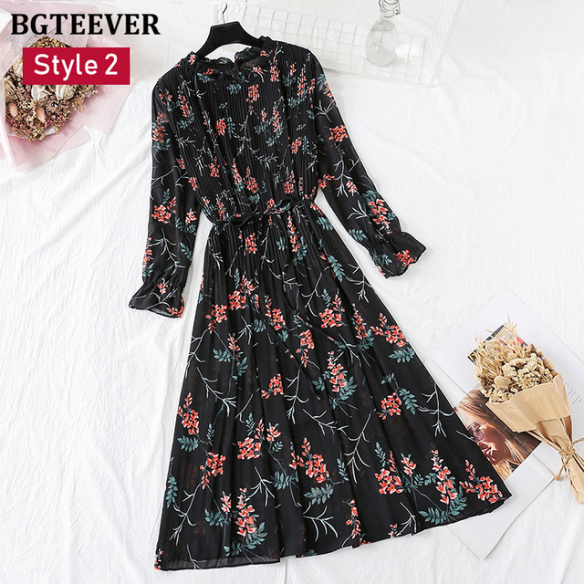 Spring Stand Collar Floral Print Women Dress Lace Up Female Pleated Dress Summer Party Midi Chiffon Vestidos femme 2021