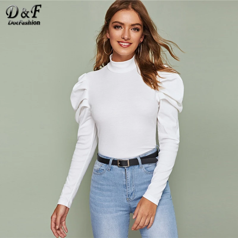 Dotfashion белая Повседневная футболка с высоким воротом и пышными рукавами для женщин, осень, обтягивающие базовые футболки, топы для девушек, Одноцветный топ с отделкой