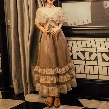 

Victorian French Retro Dress Palace Style High Waist Ruffled Patchwork Slim Long Dress With Thin Big Swing Female Summer Boho