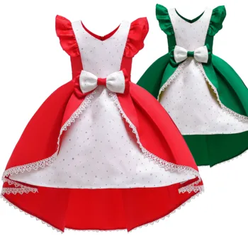 

Ins Girl Red Dress Little Flying Sleeve Girls Dress Lace Lace Sequin Princess Dress