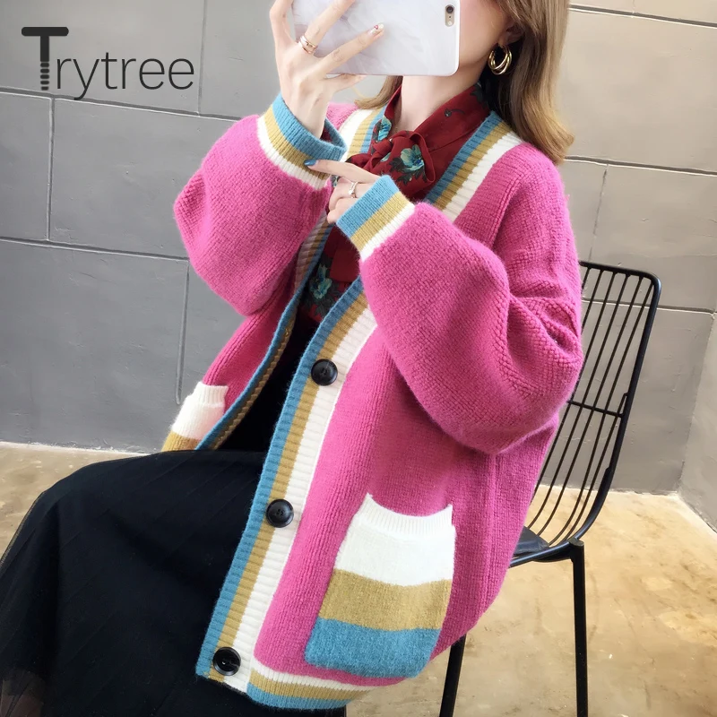 Trytree осень зима женский свитер Повседневный v-образный вырез однобортный пэчворк компьютерный трикотаж карманы свободный свитер Топы