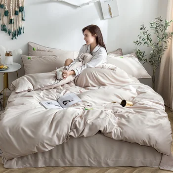 

Bedding Set Solid Color Pillowcases Bed Sheet Embroidery Duvet Cover Sets Breathable Bed Set for Adult 4Pcs/Set Home Textile