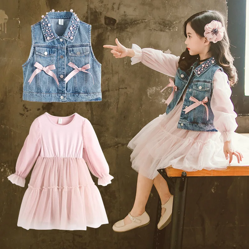 

Girl Princess Outfits Spring Autumn Dress New Lace Mesh Dress Sleeveless Denim Coat Children Coat Dresses Two-piece Clothes Sets