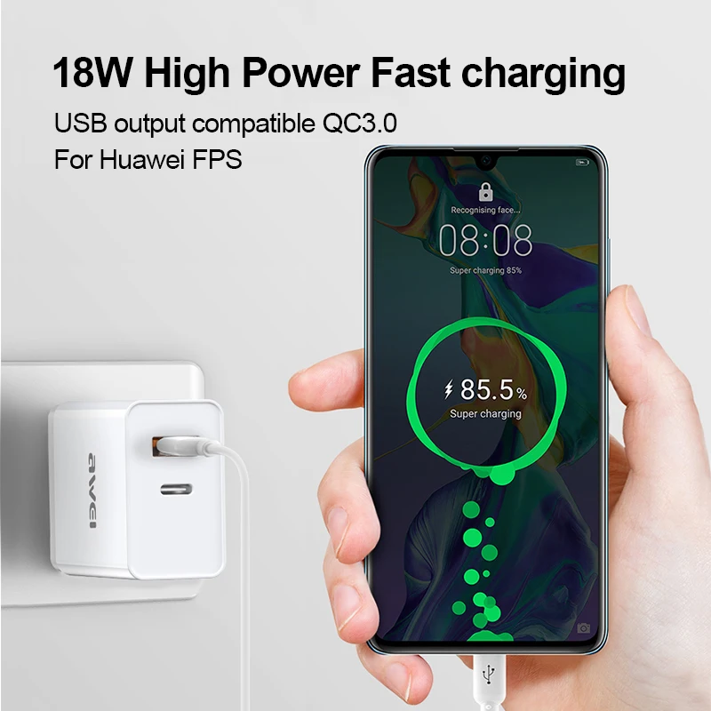 Быстрое зарядное устройство AWEI C 980 18 Вт QC3.0 USB + PD Type быстрое для телефона настенный
