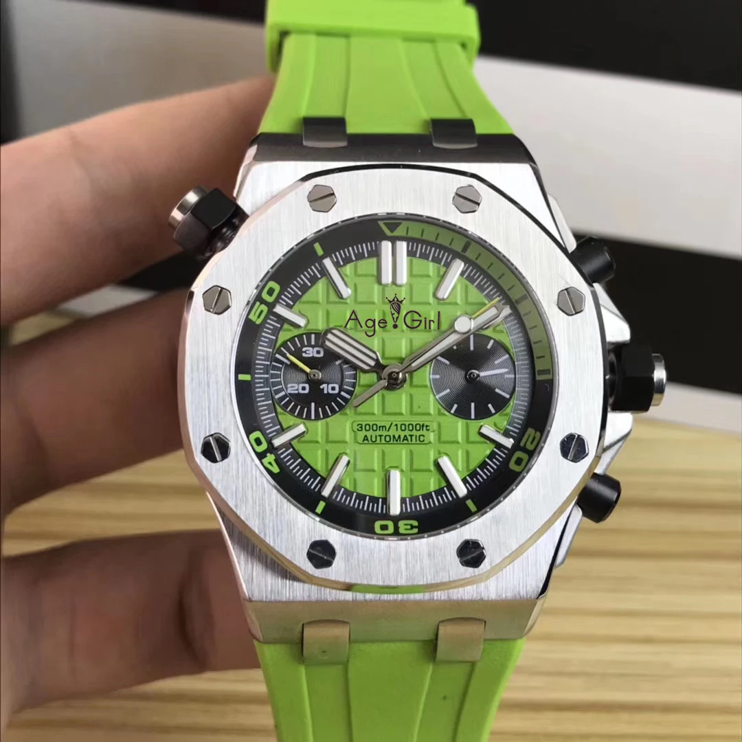 

Luxury Brand New Men Automatic Mechanical Sapphire Glass Back See Through Silver Green Rubber Stainless Steel Watch AAA+