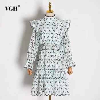 

VGH Casual Print Ruffles Dress Women Stand Collar Flare Long Sleeve High Waist Ruched Dresses Female Clothing 2020 Tide