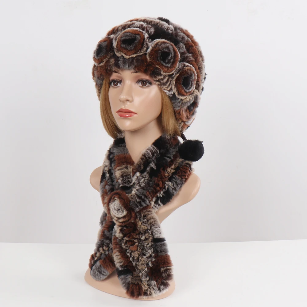 Комплект из 2 предметов вязаный Настоящий мех кролика шапка шарф женская зимняя