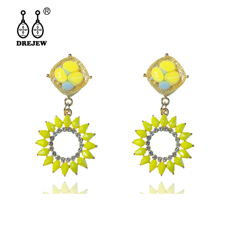 

DREJEW Orange Pink Yellow Rhinestone Sun Flower Statement Earring 2019 925 Crystal Alloy Drop Earrings for Women Jewelry HE4021