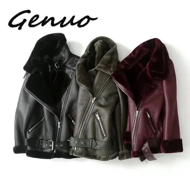 

Genuo New 2019 New Winter Women Sheepskin Coats Thicken Faux Leather Fur Female Coat Fur Lining Leather Jacket Aviator Jacket