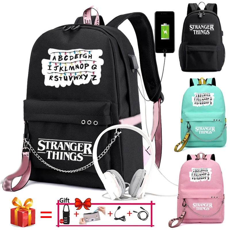 

New Stranger Things Canvas Backpack USB Charge Women Student Backpack Letters Print School Bag Teenager Girls Ribbons Backpack