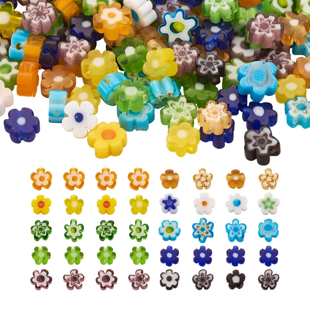 

300Pcs Colorful Handmade Millefiori Lampwork Glass Beads Mix Flower Pattern Loose Lampwork Beads for Jewelry Making DIY Necklace