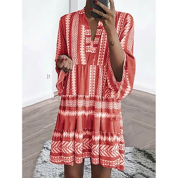 

B Summer Dress Women Bohemian Print V-neck Plus Size Long-sleeved Geometric Loose vestidos Shirt Above Knee Mini Dresses XL