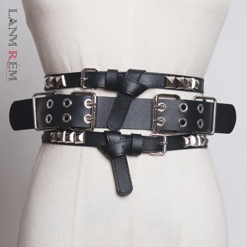LANMREM 2021 New Women Solid Color Casual Ladies Fashion Decorative Rivet Wide Faux Leather All-match Adjustable Belts 2J275 | Аксессуары