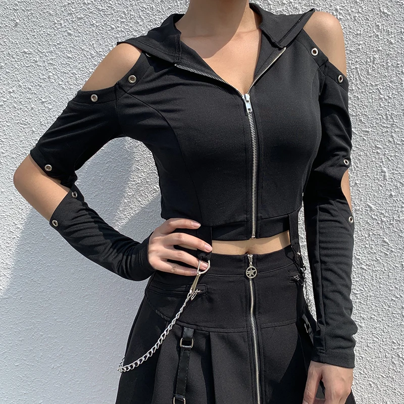  InsGoth Crop Bodycon Hooded Sweatshirt Women Black Hoodie Gothic Streetwear Material Chain Patchwor