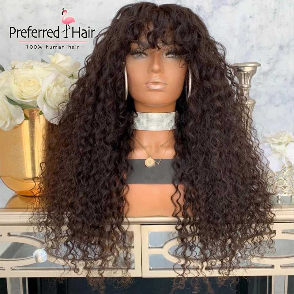 Natural Color Preferred 250% вьющиеся человеческие волосы высокой плотности, парик для черных женщин, предварительно выщипанные бразильские волосы remy 360, фронтальный парик с челкой - Цвет: Natural Color
