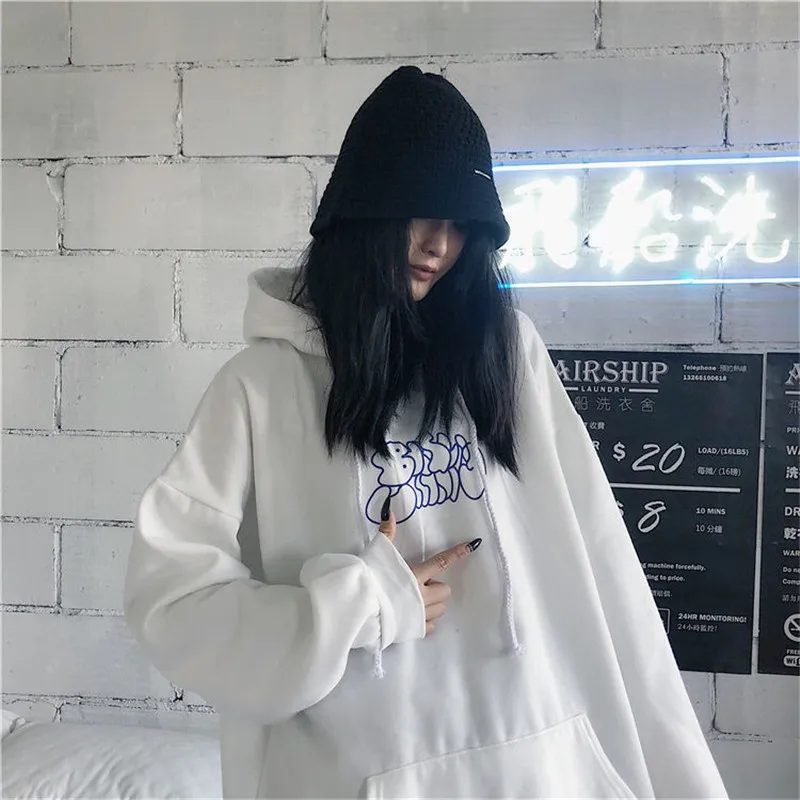 

Streetwear White Hoodies Women Harajuku Kawai Print Korean Style Loose Long Pullover Plus Thickening Warm Fashion Sweater Female