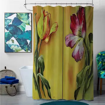 

Shower Curtains Brown and Pink Country,Painting of Curving Tulips Romantic Dramatic Blooming Flower Retro Art Print,Pink Yellow