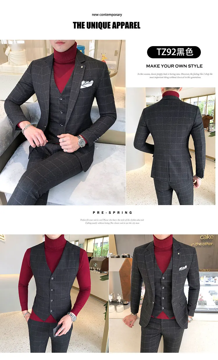 3 Pieces Suits Jackets+Pants+Vest Wedding Dress Suits For Men Blue Plaid Formal wear Suits New Men Slim Groom Suits Size XS-5XL