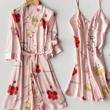 

Satin Nighty&Robe Suit Bride Bridesmaid Wedding Robe 2PCS Sleep Set Nightdress Women Kimono Gown Bathrobe Sexy Sleepwear