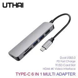 UTHAI C46 тип-c Мультиадаптер к HDMI 4K USB3.0 конвертер TF/SD кардридер для Macbook Pro 6 в 1 док-станция для переключателя PD