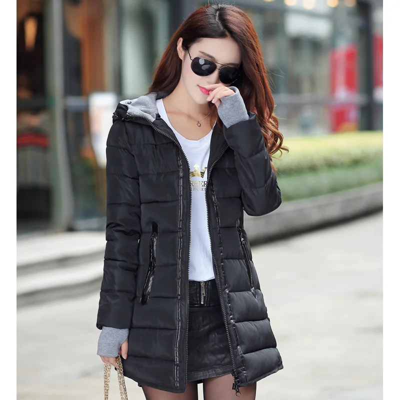 Женское зимнее теплое пальто с капюшоном размера плюс, куртка с хлопковой подкладкой конфетного цвета, Женская длинная парка, Женская Стеганая куртка - Цвет: Черный