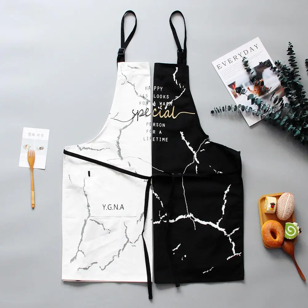 Apron For Women Fashion Creative Marble Grain Design Cotton Apron Kitchen Tool Kitchen Supplies Black Ant White Gold Pinafore