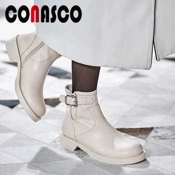 

CONASCO Concise Fashion 2020 Women Ankle Boots Autumn Winter New Buckle Shoes Woman High Quality Genuine Leather Low Heels Boots
