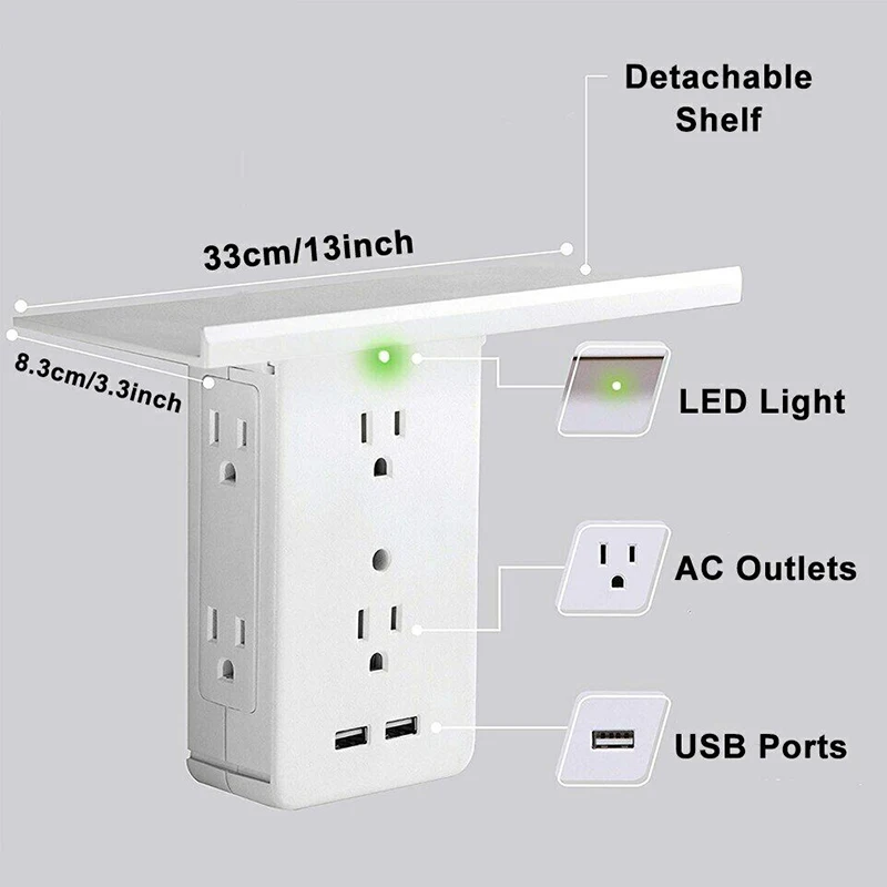 

Switch Socket Rack 6 Electrical Outlet Extenders 2 USB Charging Ports Home CLH@8