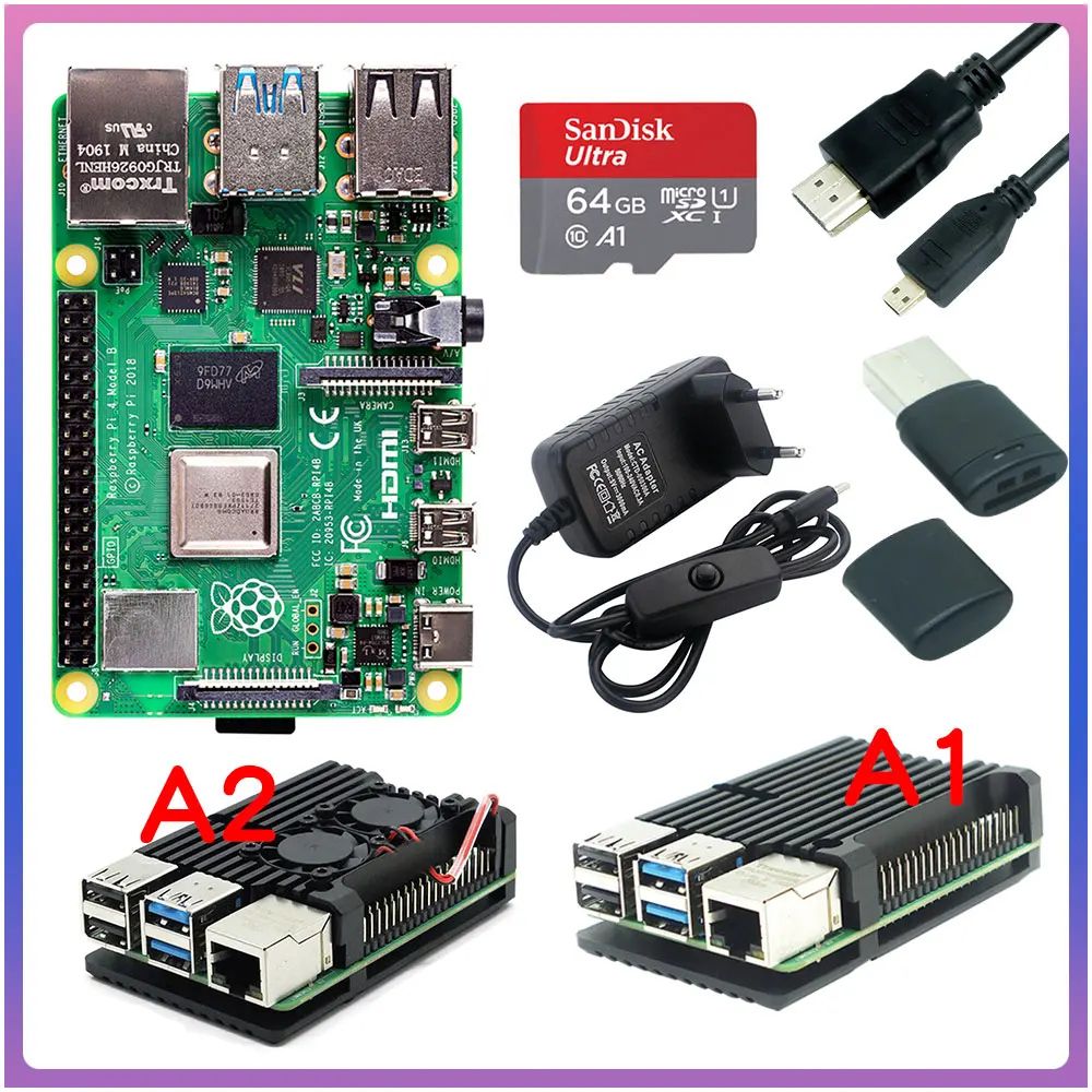 Originale Raspberry Pi 4 2Gb 4Gb 8Gb Ram + Custodia In Alluminio Adattatore Di Alimentazione 3A + Cavo Compatibile Hdmi Per Raspberry Pi 4 Modello B
