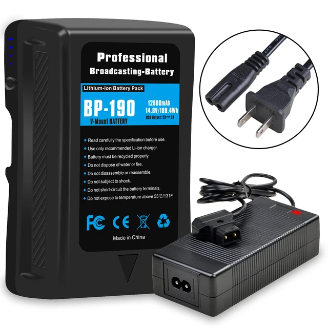 BP-190 V Mount Battery With D-Tap Charger for Sony Broadcast Camcorder HDCAM XDCAM BL-BP150 BP-150S LED Video Light Battery  US Charger