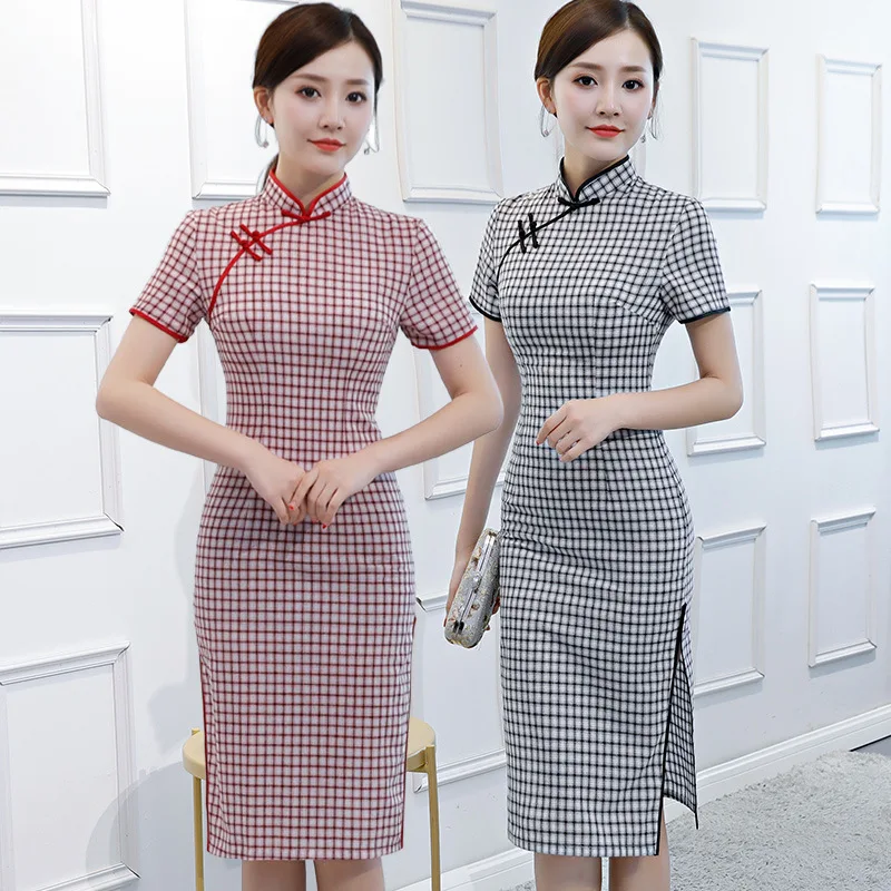 Vintage Red Green White Black Plaid Print Cotton Cheongsam Dress Elastic Classic Short Qipao Robe Orientale Daily Qi Pao | Тематическая