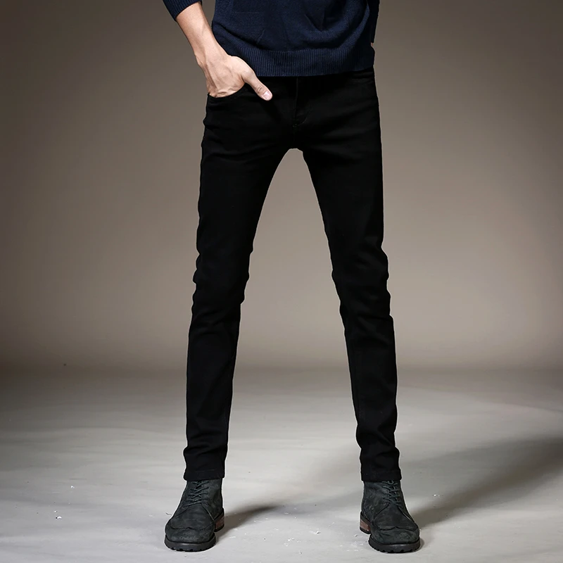 Business Men Jeans Stretch Straight Pants Slim Fit Streetwear Cotton Pure Black Denim Trousers