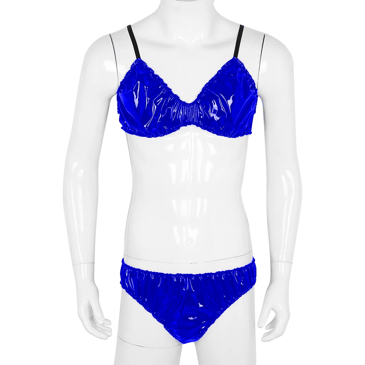 12 Colors Mens Sissy Lingerie Set Shiny Metallic Panties PVC Ruffled Spaghetti Strap Bra Top with Briefs Bikini Underwear 6