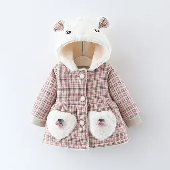 

Winter Children Girls Plaid Hooded Cherry Pockets Cotton Padded Thick Fleece Warm Baby Kids Jackets Outerwear Parkas Coat casaco