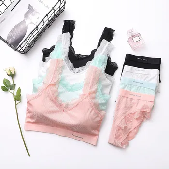 

Women Sweet Thread Beauty Back Set Material Comfortable Breathable Gathered Lace Side Underwear Two-piece Brief Sets