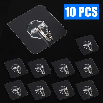 

10pcs Removable Transparent Seamless Self Adhesive Wall Hooks Strong Sticky Nail-free Nano Hanger Space-saving Sucker for Home