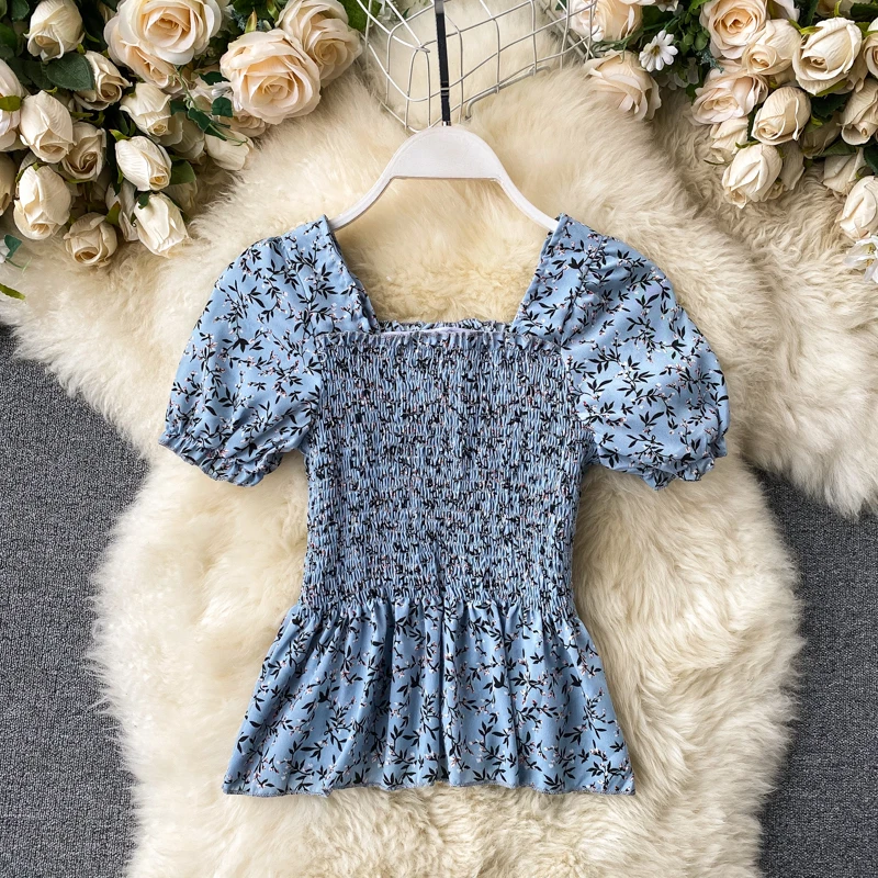 

ZOSOL Floral Top Women's Chic Retro Square Collar Puff Sleeve Elastic Pleated Slim Ruffle Top