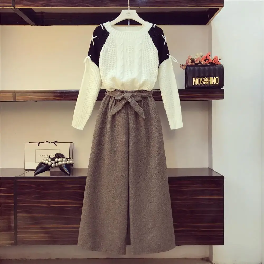 

Oshangchaopin Women Casual Sweater Suits Patchwork Color Bandage Long Sleeve Knitted Tops+Bow Loose Wide Legs Pant 2-piece Suits