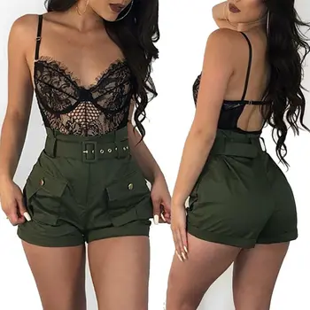 

Casual Women's Shorts Solid With Belt Pocket Elastic High Waist Shorts Trousers Summer