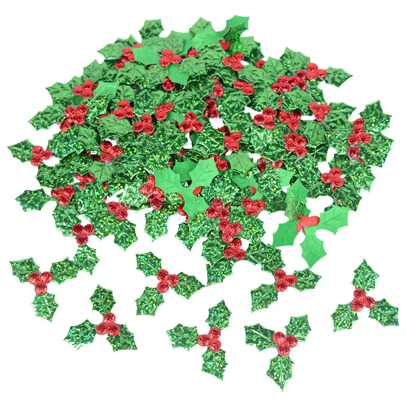 100Pcs Glitter Green Holly Leaf Red Berry Christmas Ornaments Artificial Holly Leaves For Xmas New Year Party Decor DIY Crafts